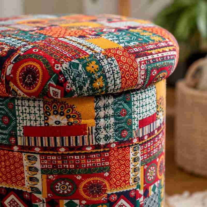 Boho Fabric Upholstered Storage Ottoman Pouffe Stool | Handcrafted Bohemian Storage Ottoman Pouffe Stool