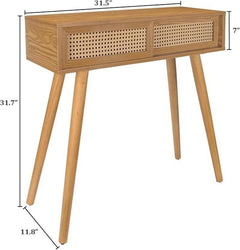 Rustic Boho Style Wooden Console Table with Rattan Sliding Drawers