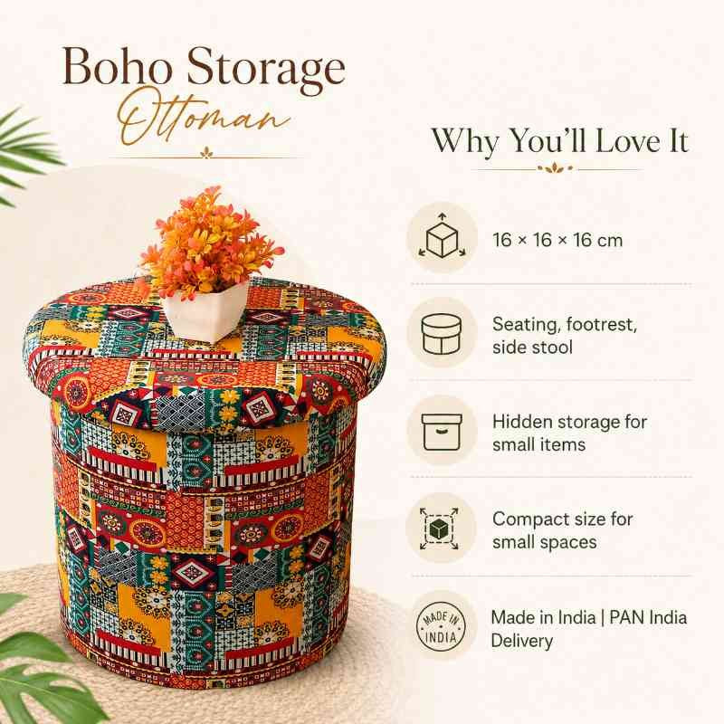 Boho Fabric Upholstered Storage Ottoman Pouffe Stool | Handcrafted Bohemian Storage Ottoman Pouffe Stool