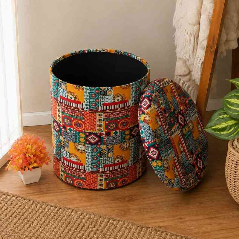 Boho Fabric Upholstered Storage Ottoman Pouffe Stool | Handcrafted Bohemian Storage Ottoman Pouffe Stool