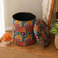 Boho Fabric Upholstered Storage Ottoman Pouffe Stool | Handcrafted Bohemian Storage Ottoman Pouffe Stool