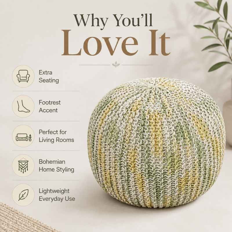 Hand-Knitted Boho Round Pouf Ottoman | Round pouf for modern home interiors | Bohemian style pouf ottoman seat