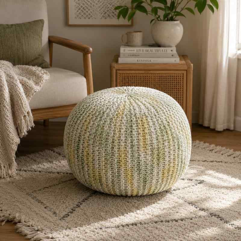 Hand-Knitted Boho Round Pouf Ottoman | Round pouf for modern home interiors | Bohemian style pouf ottoman seat