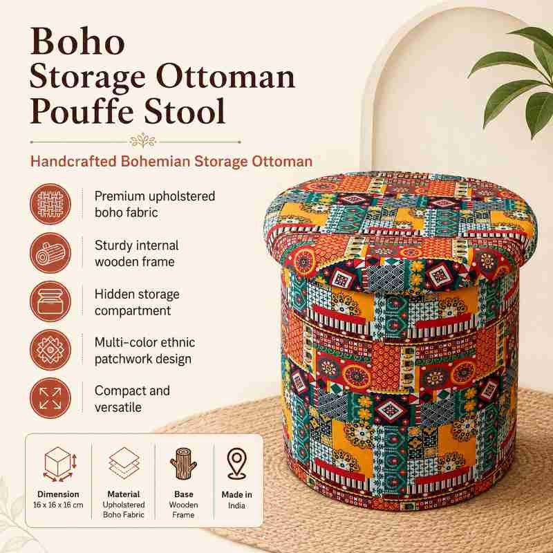 Boho Fabric Upholstered Storage Ottoman Pouffe Stool | Handcrafted Bohemian Storage Ottoman Pouffe Stool