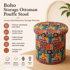 Boho Fabric Upholstered Storage Ottoman Pouffe Stool | Handcrafted Bohemian Storage Ottoman Pouffe Stool