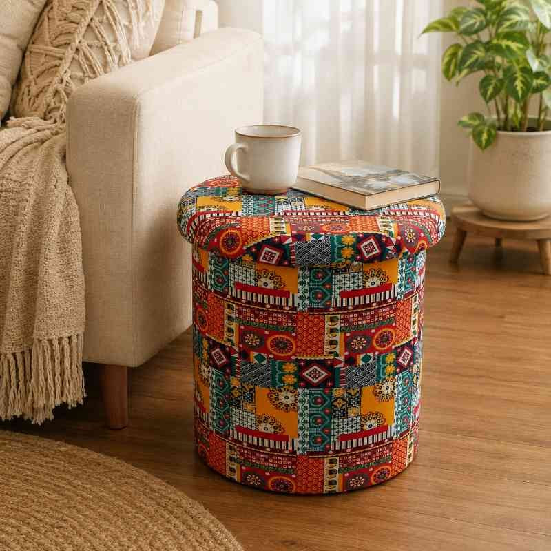 Boho Fabric Upholstered Storage Ottoman Pouffe Stool | Handcrafted Bohemian Storage Ottoman Pouffe Stool