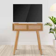Rustic Boho Style Wooden Console Table with Rattan Sliding Drawers