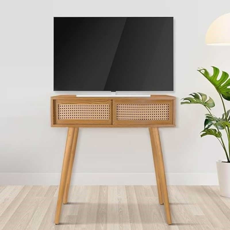 Rustic Boho Style Wooden Console Table with Rattan Sliding Drawers