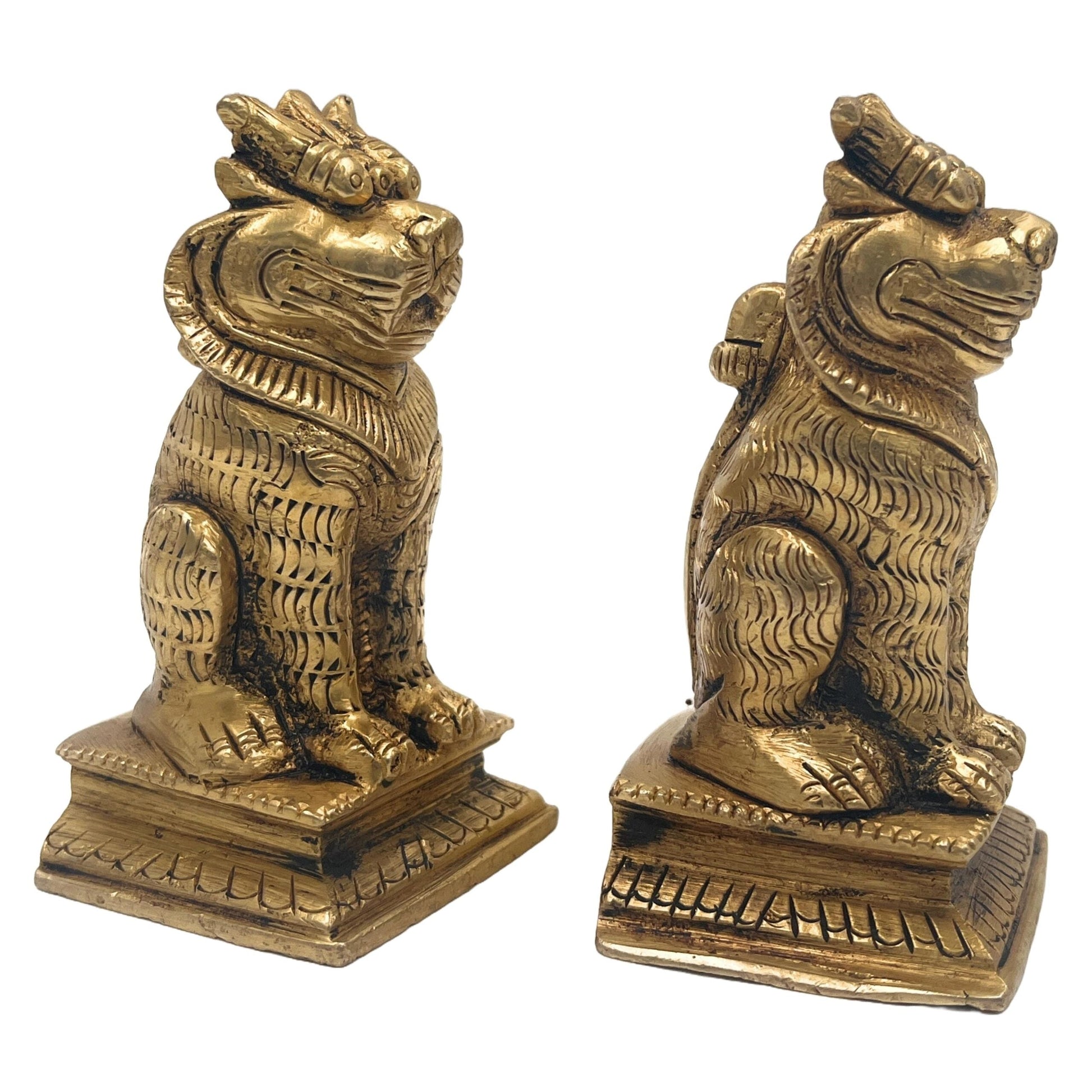 Handcrafted Brass Lion Yali Prabhaval Idol, Peetal/Pittal Temple & Pooja Showpiece, Home Décor, Photo & Mirror Frame, Vastu Lucky Lion Statue,Gold, 3.5 Inch, 1 Piece