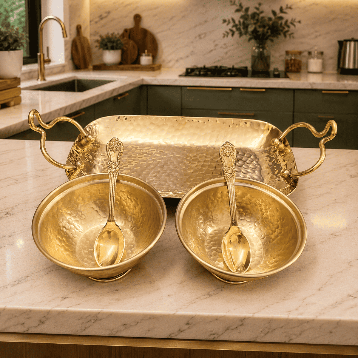 Brass Hammered Serving Tray / Platter With Bowl and Spoon Set With Velvet Box