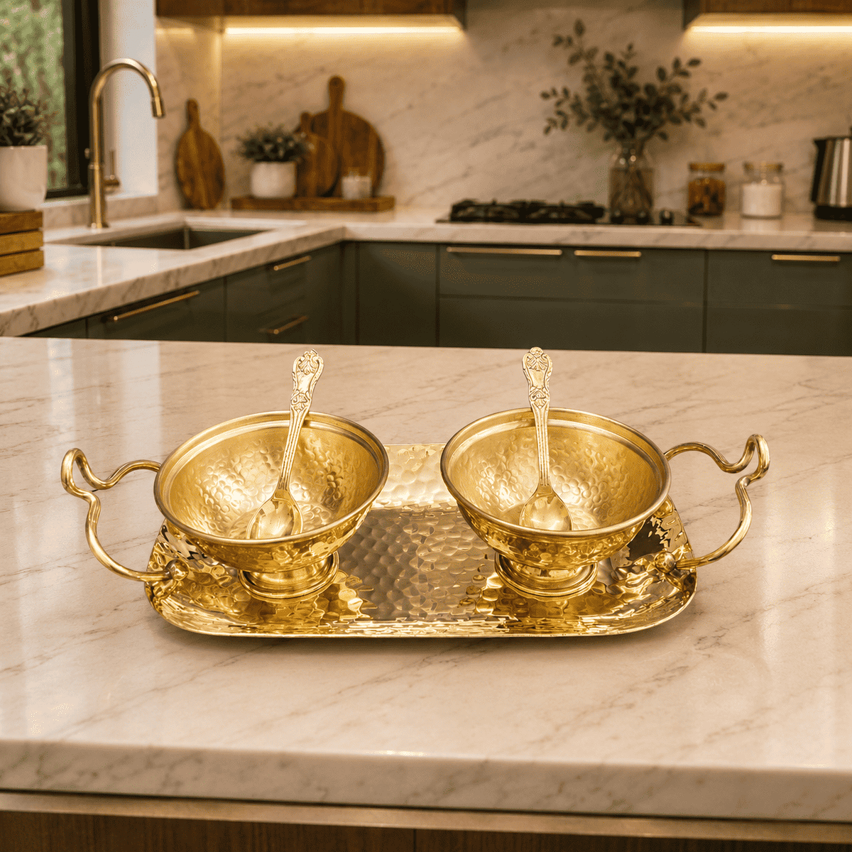 Brass Hammered Serving Tray / Platter With Bowl and Spoon Set With Velvet Box