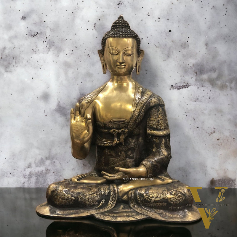 Brass Abhaya Mudra life-Story Buddha Statue 28"