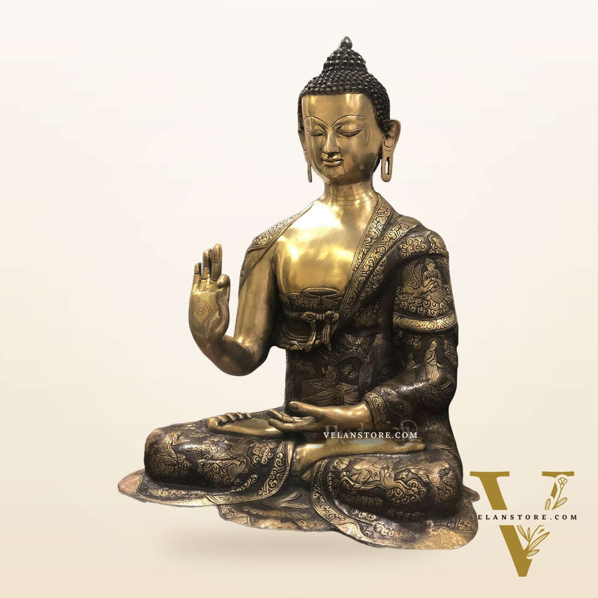 Brass Abhaya Mudra life-Story Buddha Statue 28"