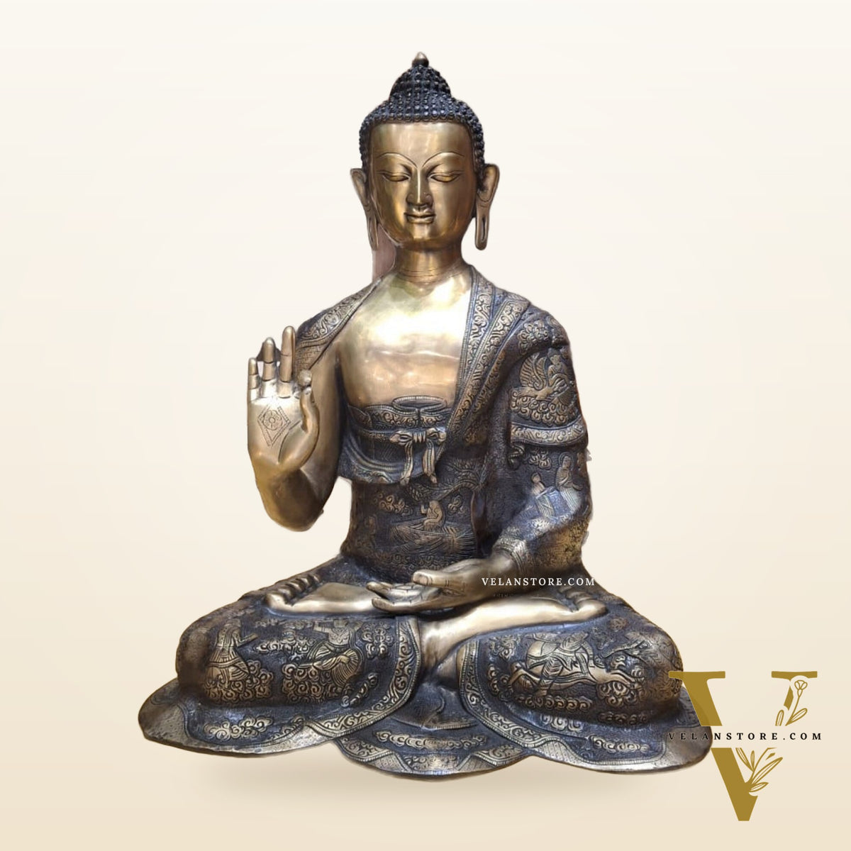 Brass Abhaya Mudra life-Story Buddha Statue 28"