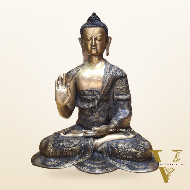 Brass Abhaya Mudra life-Story Buddha Statue 28"