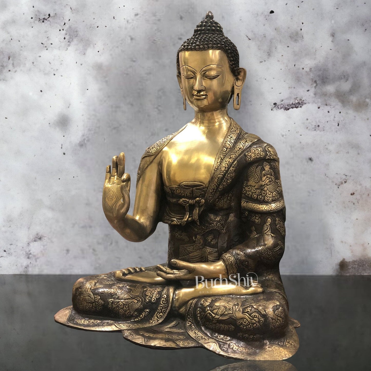 Brass Abhaya Mudra life-Story Buddha Statue 28"