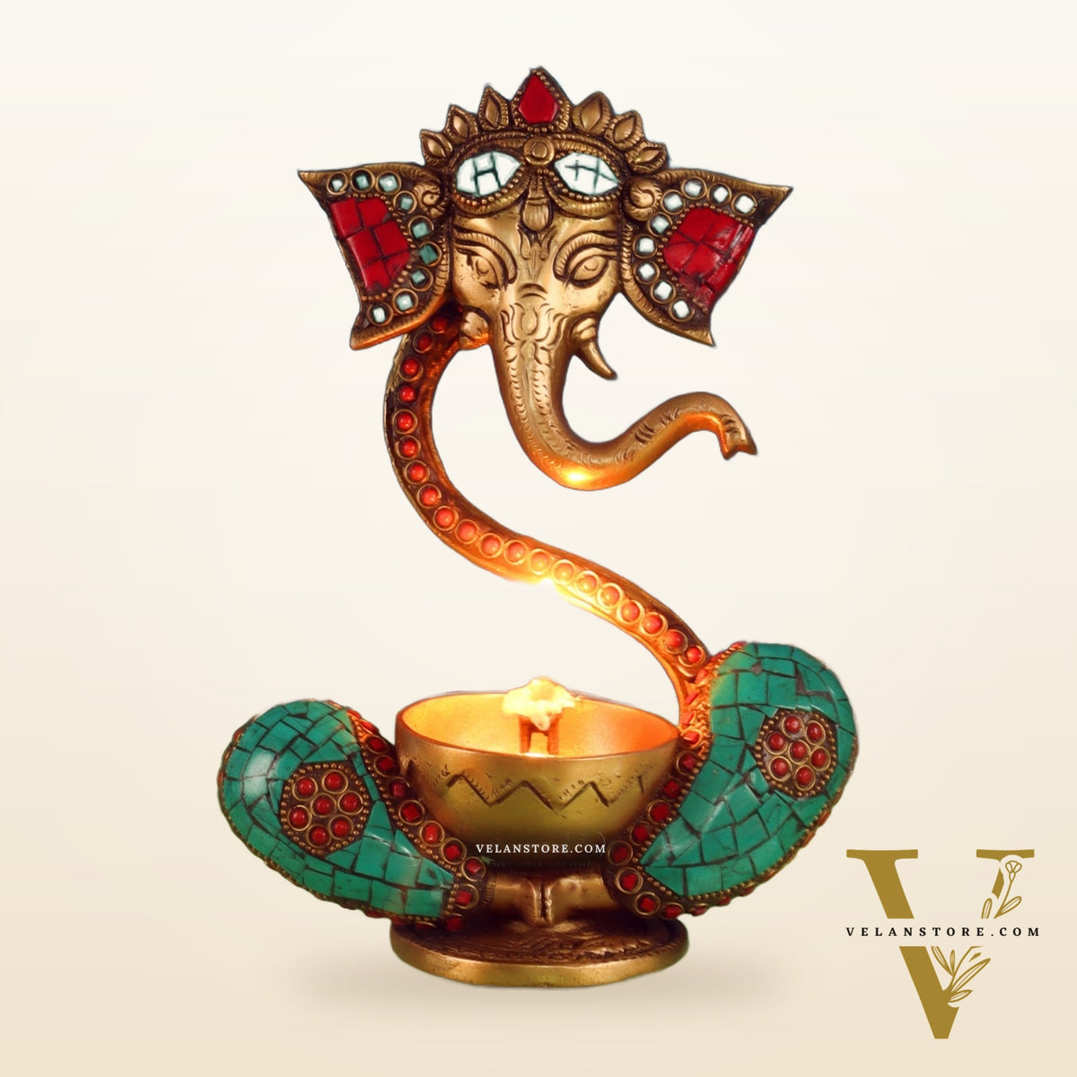 Brass Abstract Ganesha Diya with Engraved Design and Stonework - BudhShiv