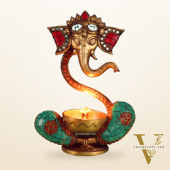 Brass Abstract Ganesha Diya with Engraved Design and Stonework - BudhShiv