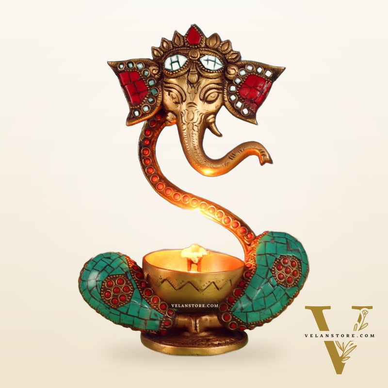 Brass Abstract Ganesha Diya with Engraved Design and Stonework - BudhShiv