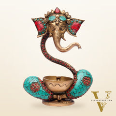 Brass Abstract Ganesha Diya with Engraved Design and Stonework - BudhShiv
