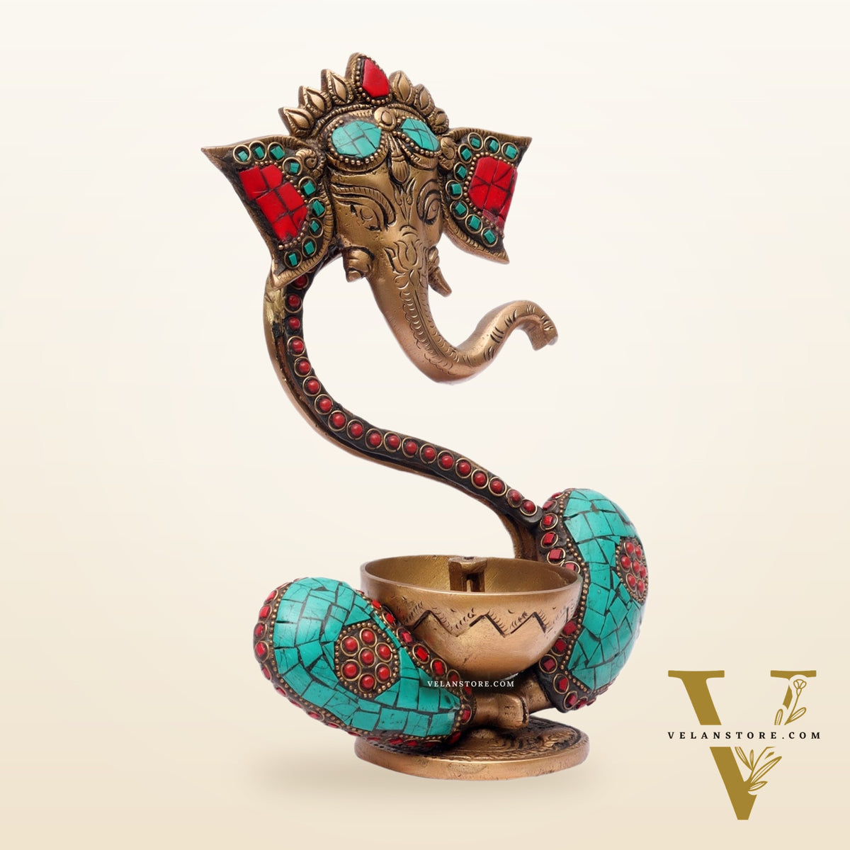 Brass Abstract Ganesha Diya with Engraved Design and Stonework - BudhShiv