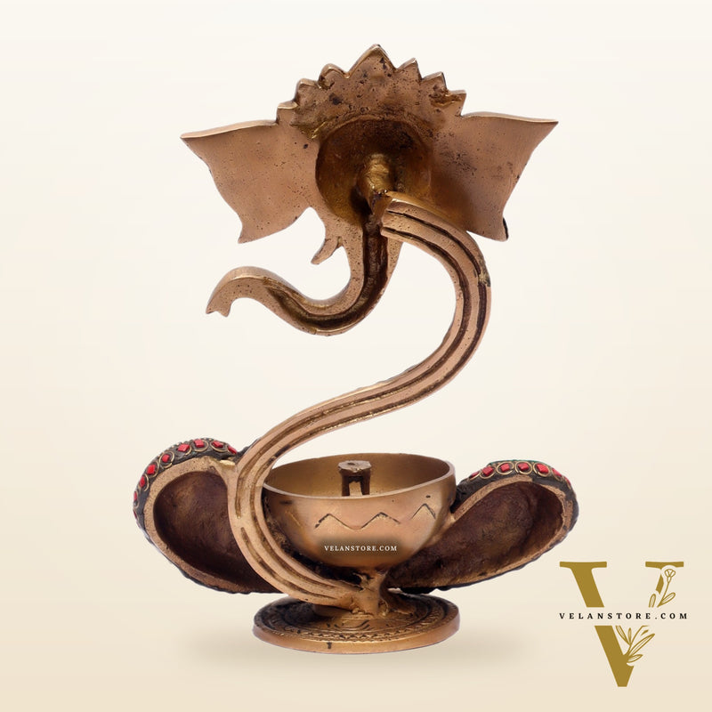 Brass Abstract Ganesha Diya with Engraved Design and Stonework - BudhShiv