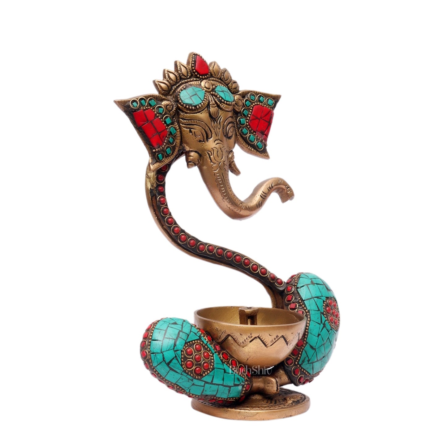 Brass Abstract Ganesha Diya with Engraved Design and Stonework - BudhShiv