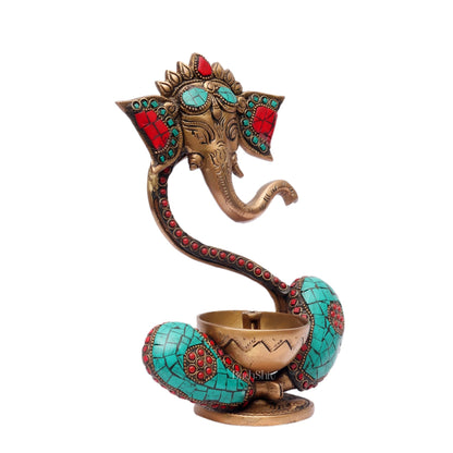 Brass Abstract Ganesha Diya with Engraved Design and Stonework - BudhShiv