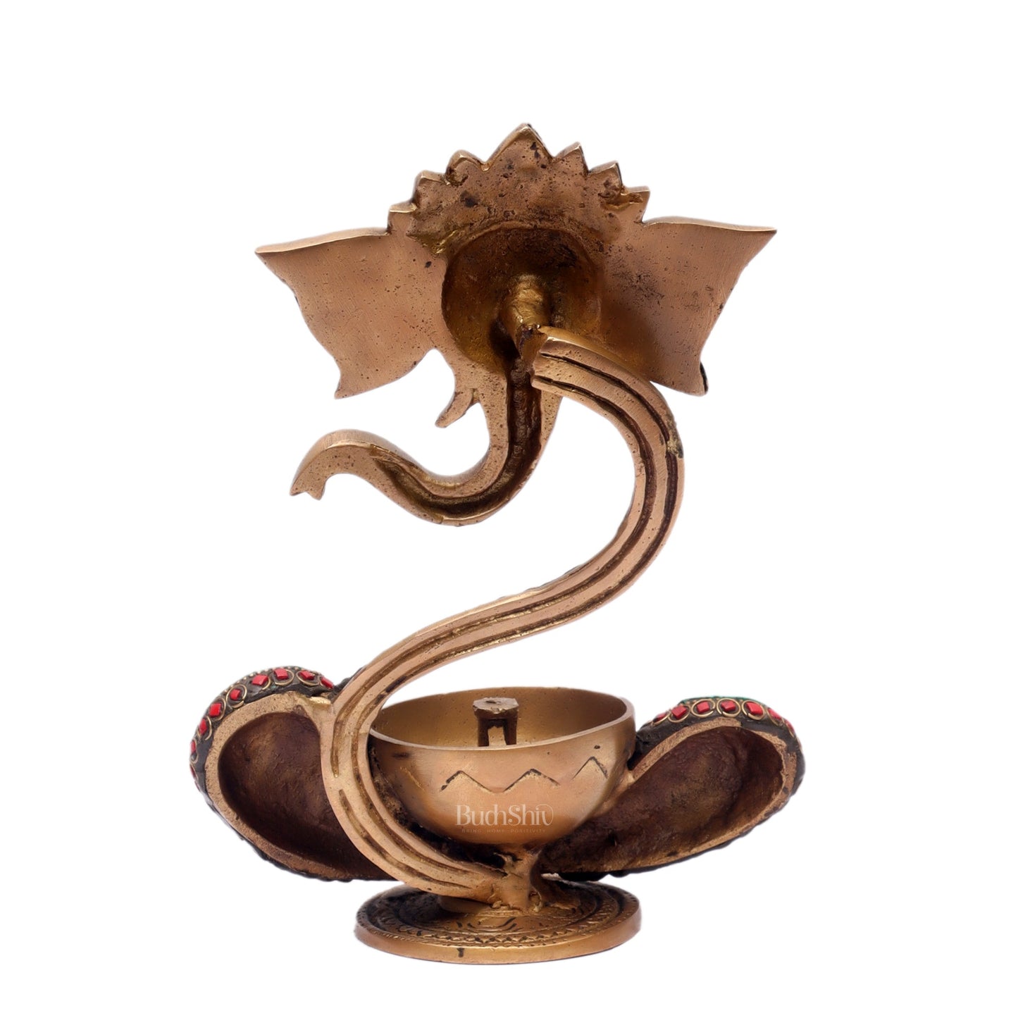 Brass Abstract Ganesha Diya with Engraved Design and Stonework - BudhShiv