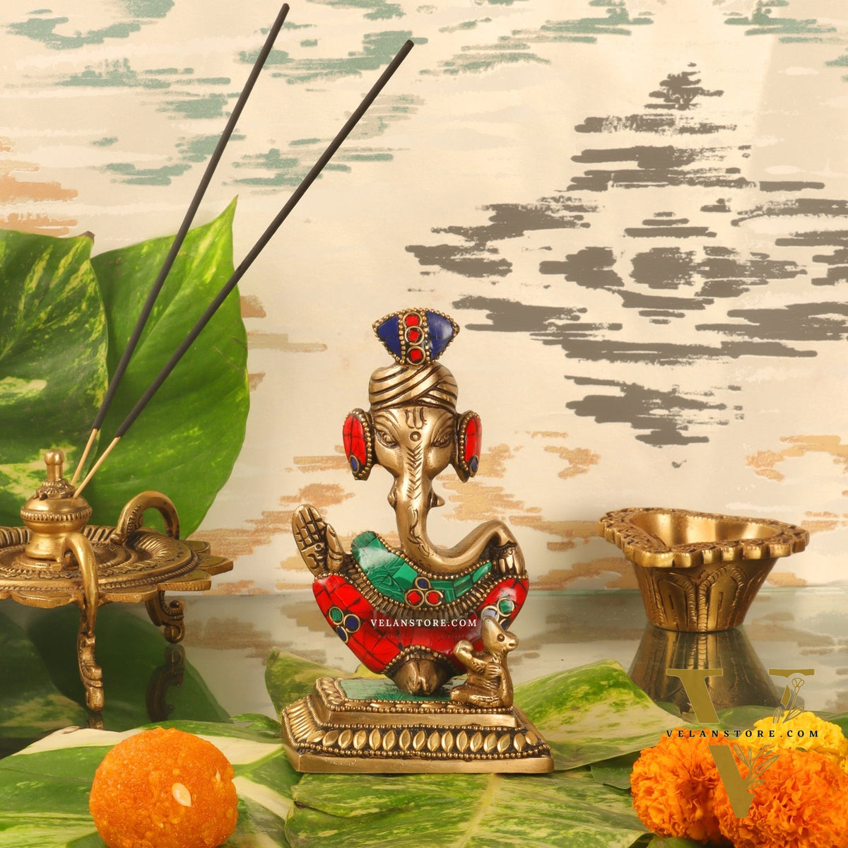 Brass Abstract Modern Pagadi Turban Ganesha 6" Perfect Gift with Natural Stone Decoration - BudhShiv