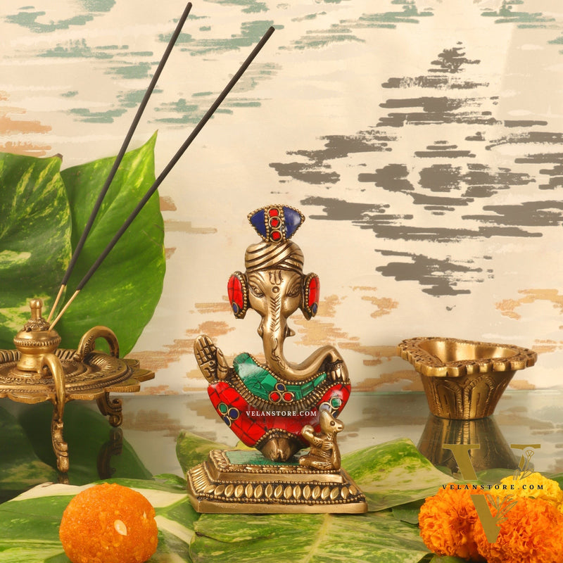 Brass Abstract Modern Pagadi Turban Ganesha 6" Perfect Gift with Natural Stone Decoration - BudhShiv