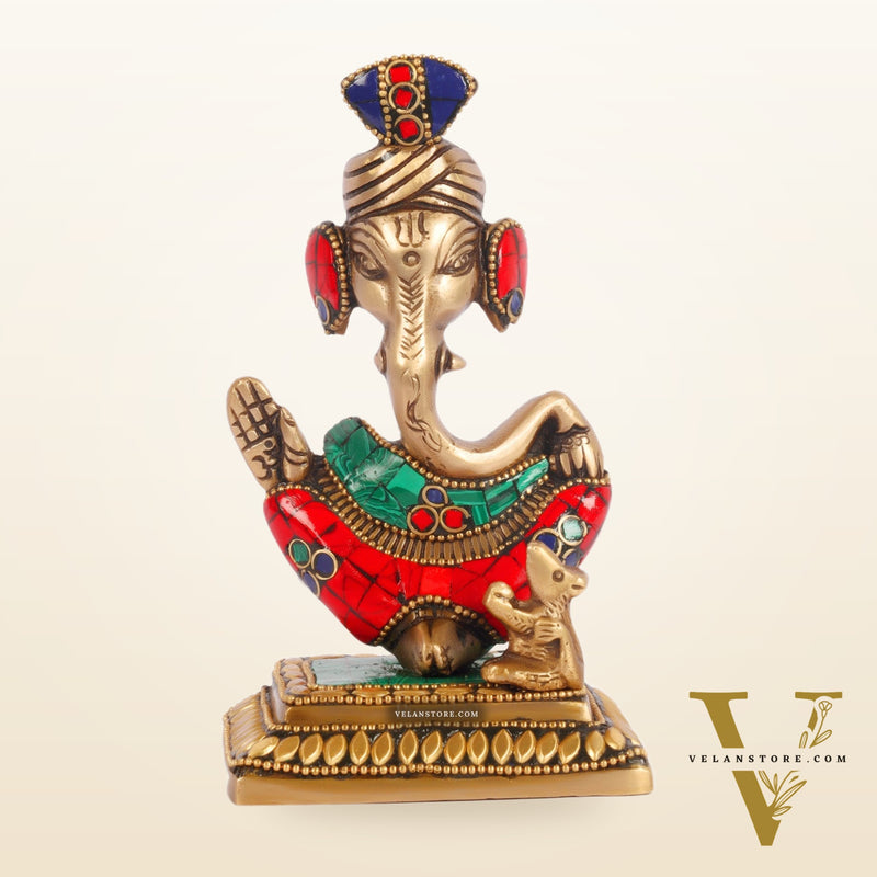 Brass Abstract Modern Pagadi Turban Ganesha 6" Perfect Gift with Natural Stone Decoration - BudhShiv