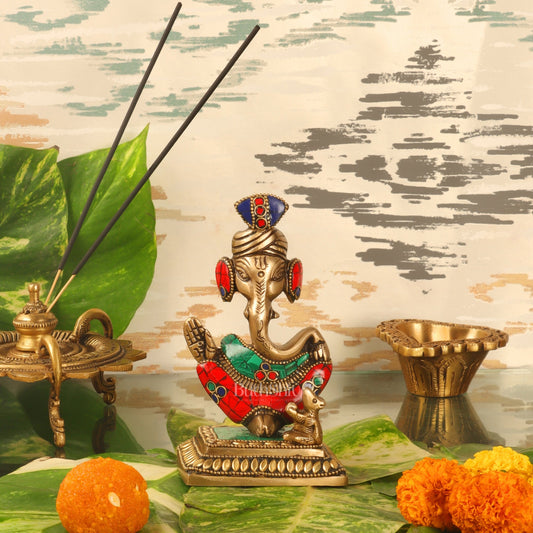 Brass Abstract Modern Pagadi Turban Ganesha 6" Perfect Gift with Natural Stone Decoration - BudhShiv