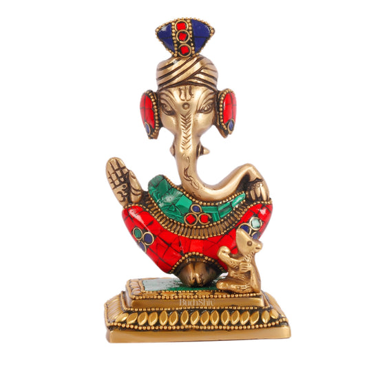 Brass Abstract Modern Pagadi Turban Ganesha 6" Perfect Gift with Natural Stone Decoration - BudhShiv