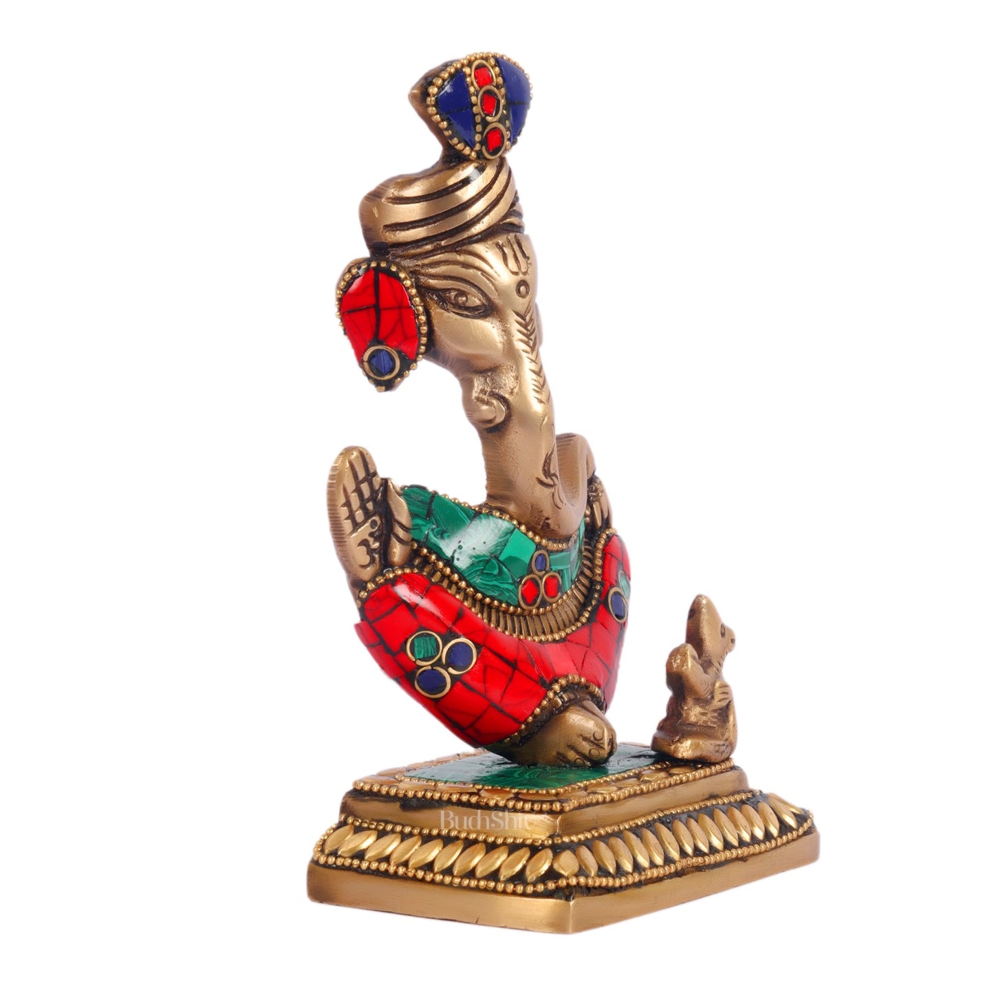 Brass Abstract Modern Pagadi Turban Ganesha 6" Perfect Gift with Natural Stone Decoration - BudhShiv