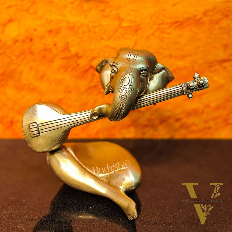Brass Abstract Veena Ganesha Idol - 10 Inches | Handmade Brass Ganesha Statue