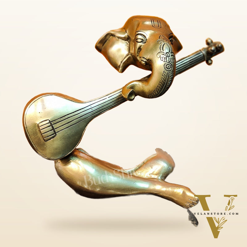Brass Abstract Veena Ganesha Idol - 10 Inches | Handmade Brass Ganesha Statue