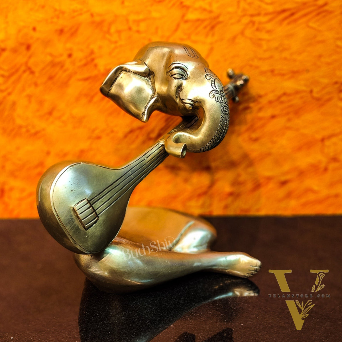 Brass Abstract Veena Ganesha Idol - 10 Inches | Handmade Brass Ganesha Statue