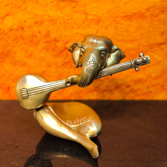 Brass Abstract Veena Ganesha Idol - 10 Inches | Handmade Brass Ganesha Statue