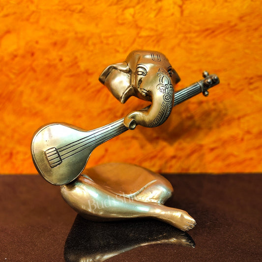 Brass Abstract Veena Ganesha Idol - 10 Inches | Handmade Brass Ganesha Statue