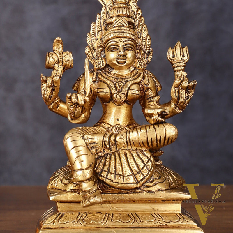 Brass Anglamam Mariamman Goddess Statue - 6" Height, Hindu Deity of Rain