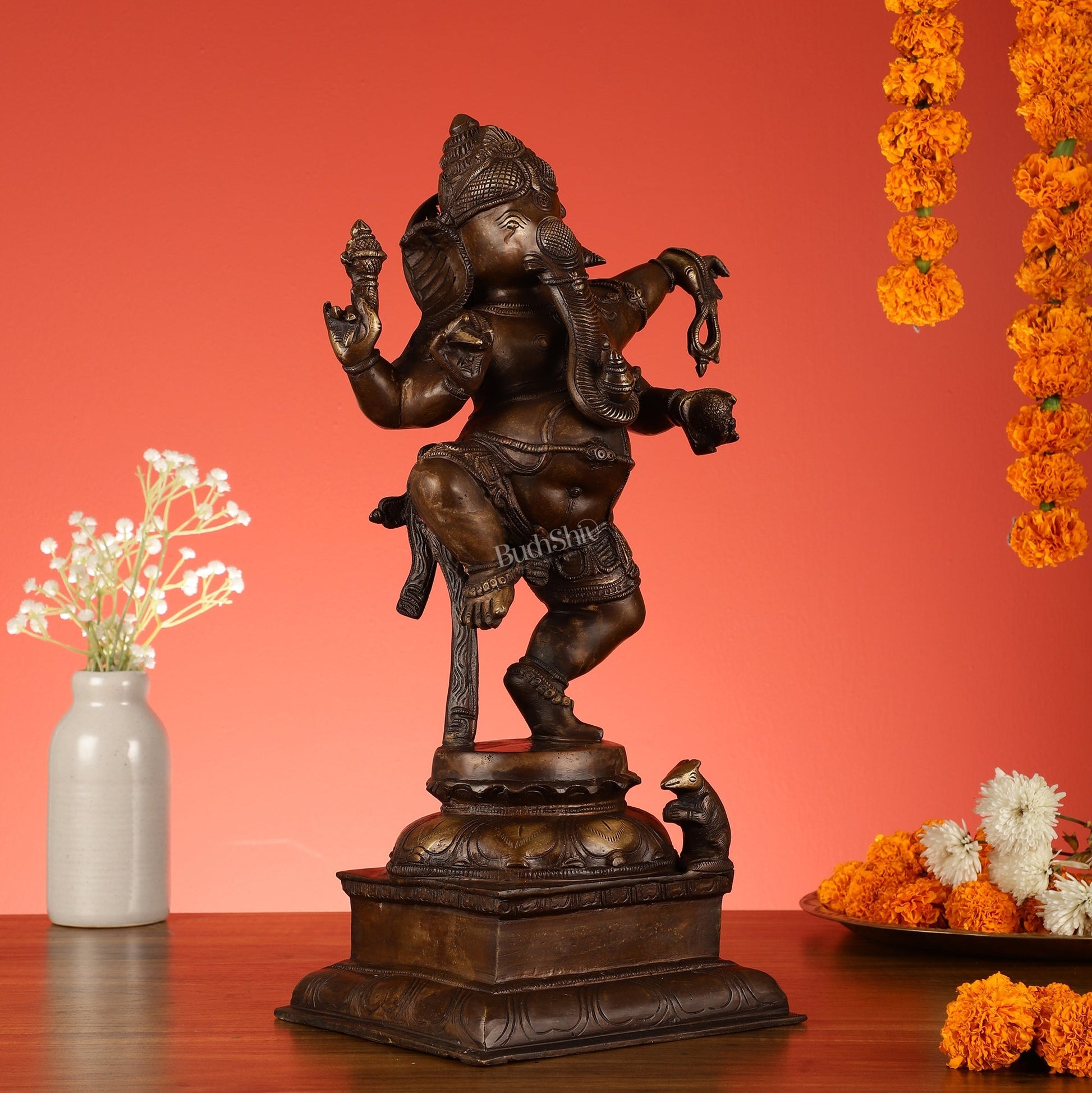 Brass Antique Brown Dancing Ganesha Statue - 15 Inch