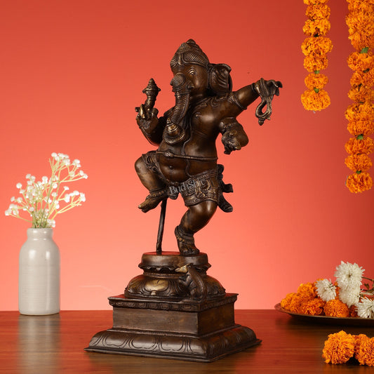 Brass Antique Brown Dancing Ganesha Statue - 15 Inch