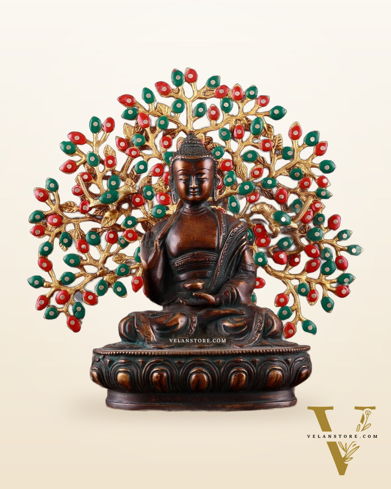 Brass Antique Finish Buddha & Handcrafted Kalpavriksha Tree