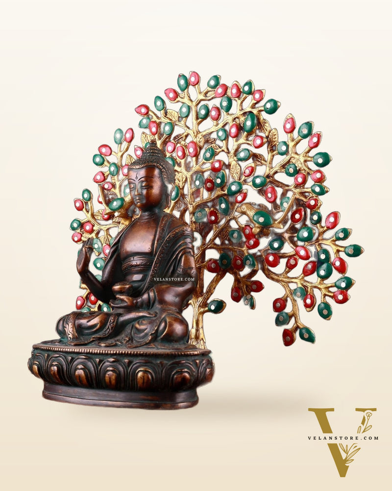 Brass Antique Finish Buddha & Handcrafted Kalpavriksha Tree