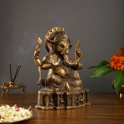 Brass Antique Finish Lord Ganesha Statue | 12-inch