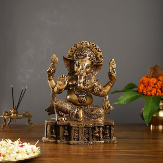 Brass Antique Finish Lord Ganesha Statue | 12-inch
