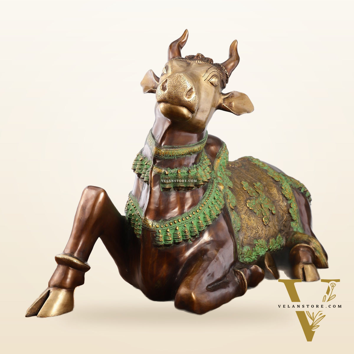 Brass Antique Large Nandi Sculpture Brown and Green 33 inch