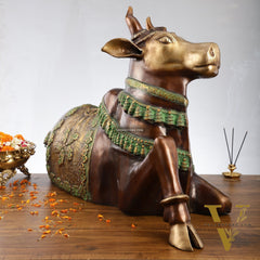 Brass Antique Large Nandi Sculpture Brown and Green 33 inch