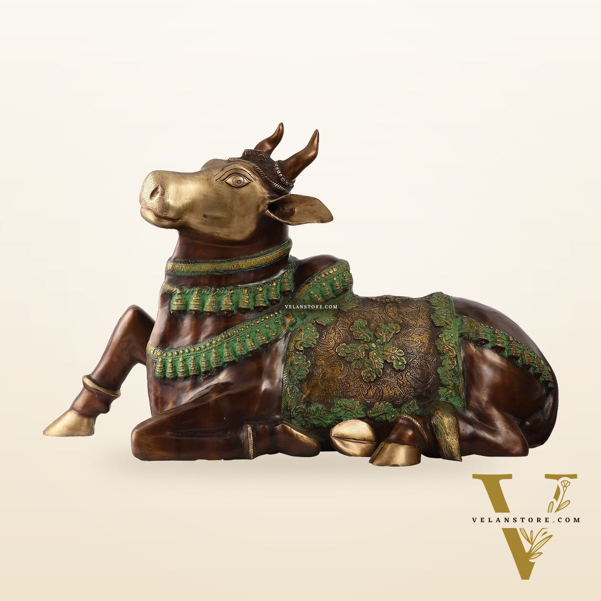 Brass Antique Large Nandi Sculpture Brown and Green 33 inch